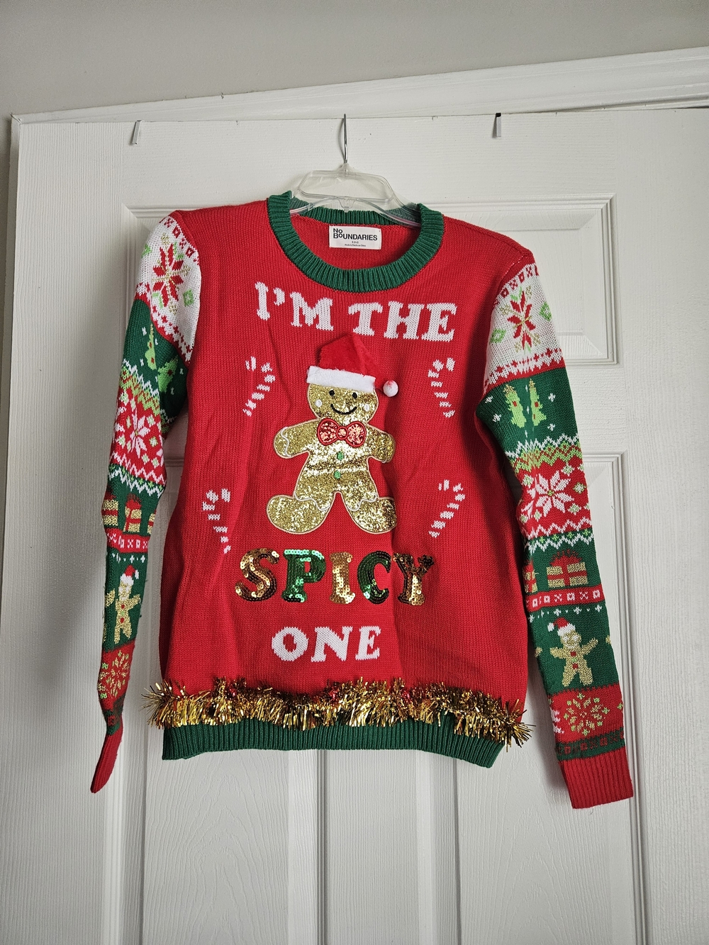 No Boundaries Red and Green 'I'm The Spicy One' Holiday Sweater